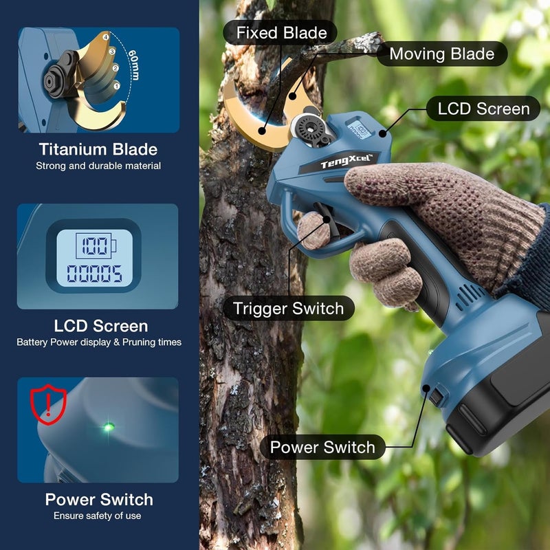 TengXcel Electric Pruning Shears for Makita LXT 18V Li-ion Battery, Cordless Pruner with LCD Display&SK5 Titanium Blades, 2.4" Cutting Dia. Brushless Shears for Gardening Tree Trimming (Battery NOT included) - Image 4